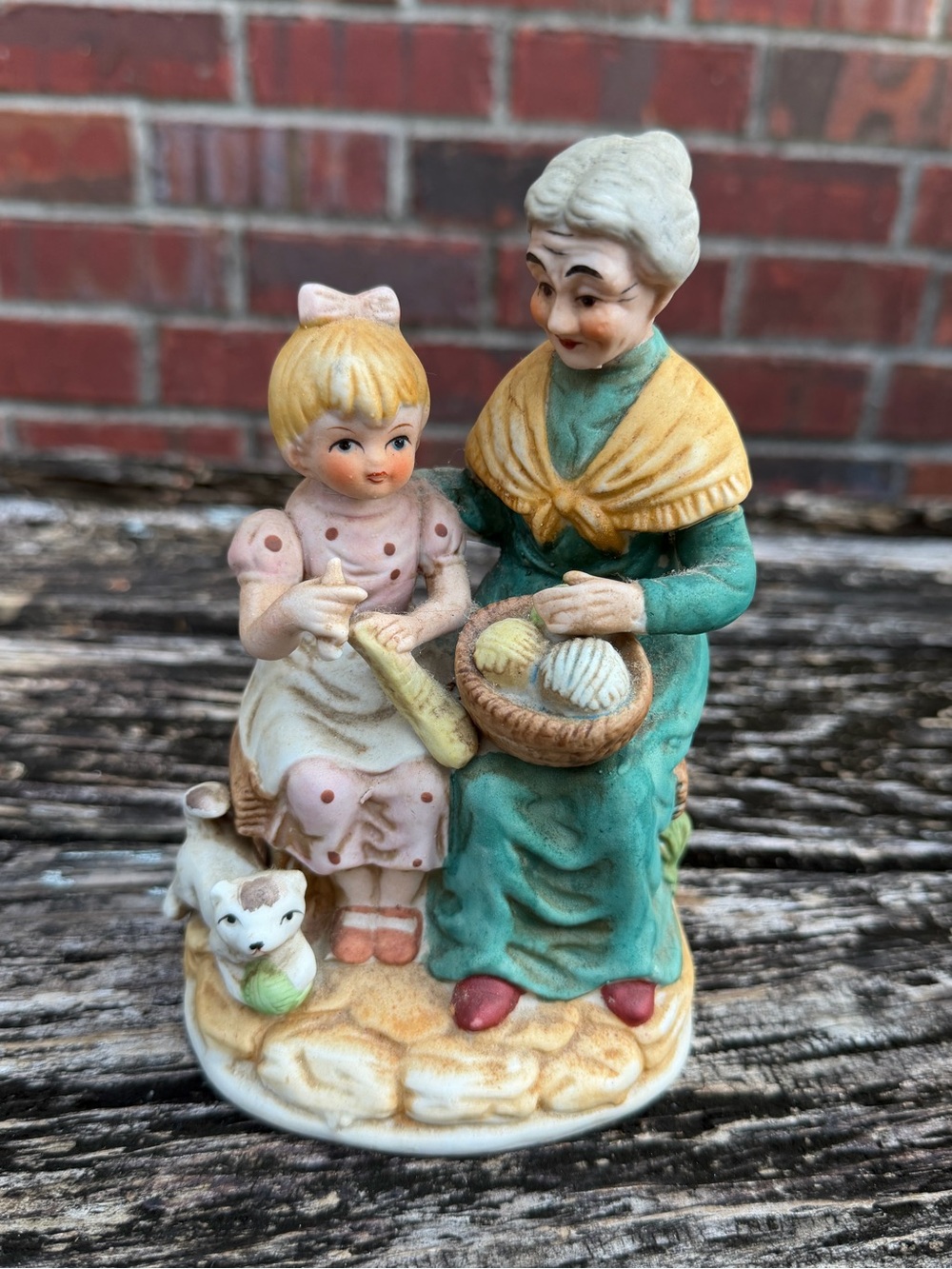 Vintage UCGC Porcelain Vintage Grandma Teaching Girl Knit w/Cat ~ 7" x 4.5" V1